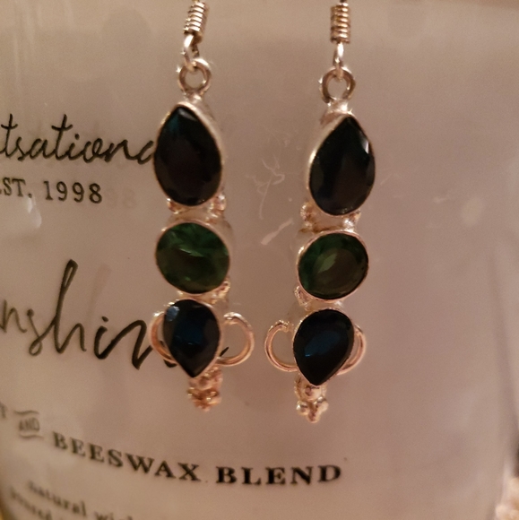 SAPPHIRE & EMERALD Handmade silver earrings - Picture 2 of 2